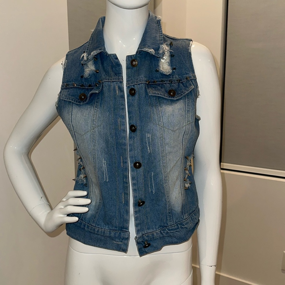 Studded distressed denim vest